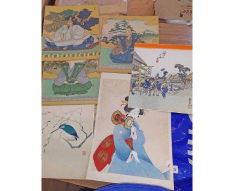 Three vintage Japanese coloured prints, another and painted portrait of a Geisha and perching bird - in Osaka Calendar Compan
