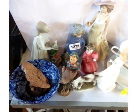 A small selection of china figurines including Nymphenburg goat figurine, Lladro, Nao figure, Royal Doulton, Hummel, etc. - v