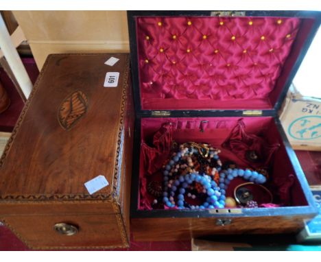 A 19th Century inlaid mahogany tea caddy carcass and walnut dome-top work box containing a small amount of costume jewellery