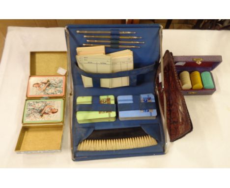 A vintage bridge set in folding case including school cards, pencil, table brush, etc. - sold with a boxed set of poker chips