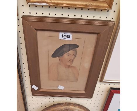 Five framed portrait prints including stipple engraving of a man wearing a beret, Gainsborough style lady and fashion