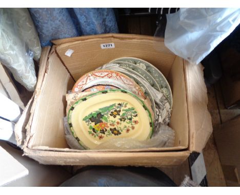 A box containing assorted ceramic plates including Mintons, Griangers Worcester, Adams American series, etc.