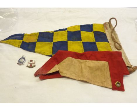 Two vintage ship pennant flags - sold with an enamelled RNLI Ladies Guild badge and a similar committee badge