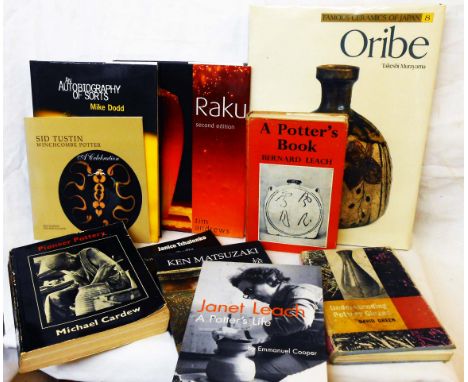 A collection of pottery related books including A Potter's Life by Janet Leach, Pioneer Pottery by Michael Cardew, A Potter's