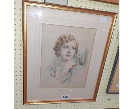 Innes Johnson: a gilt framed mixed media head and shoulders portrait of a lady - signed - foxing