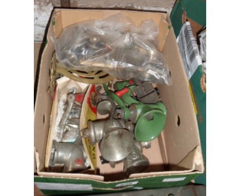 A box of assorted kitchenalia including enamel and other mincers, knife sharpener, etc.