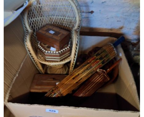 A box containing a quantity of treen including bowl of fruit and cribbage board, also two late Oriental parasols