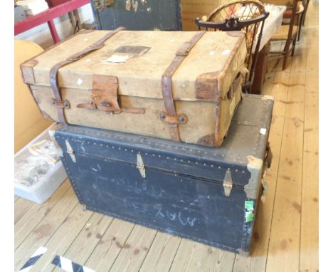 A 100cm vintage travelling trunk with metal bound corners - sold with a vintage suitcase with leather binding a/f