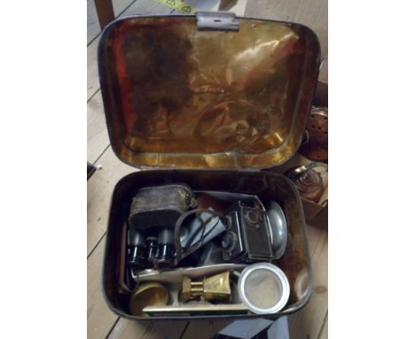 A old tin hatbox with contents including old spectacles and pince nez, a Rolliecord twin reflex camera, etc.