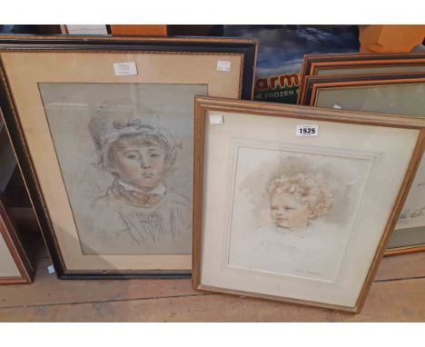 Innes Johnson: a framed mixed media portrait of a child called Andrew - signed - sold with an older similar portrait of a chi