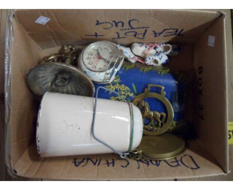 A small box of assorted collectable items including enamel billy can, etc.