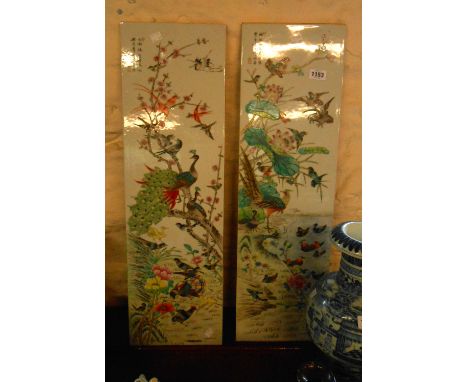 A pair of large 19th Century Chinese porcelain panels profusely decorated with various birds amidst foliage, each with callig