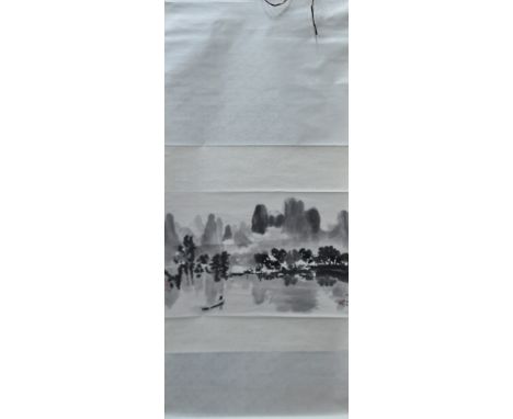 A Chinese hand painted scroll with hand painted decoration after the original by Xu Beihong depicting Spring Rain on the Li R