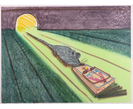 Red Grooms (American, b. 1937). Lithograph in colors on wove paper titled "Mid-Rats," depicting a rat approaching a trap in a