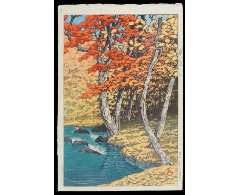 Hasui Kawase (Japanese, 1883-1957). Japanese shin-hanga woodblock print titled "Autumn at Oirase" from the series "Collected 