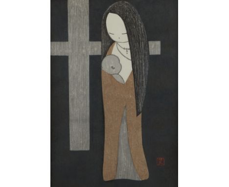 Kaoru Kawano (Japanese, 1916-1965). Shin-hanga woodblock print depicting Mary with the infant Jesus, a cross in the backgroun