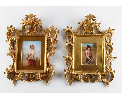 Pair of German porcelain plaques depicting young women in pastoral environs. Both illegibly signed along the lower right. One