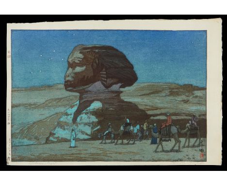 Hiroshi Yoshida (Japanese, 1876-1950). Japanese shin-hanga woodblock print titled "Sphinx - Night" depicting the Great Sphinx
