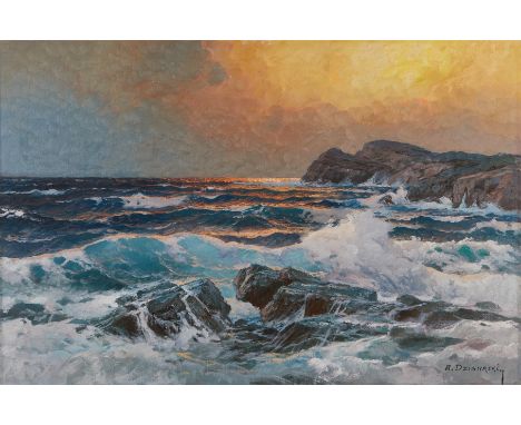 Alexander Dzigurski (American, 1911-1995). Oil painting on canvas depicting a seascape of waves breaking over rocks with the 