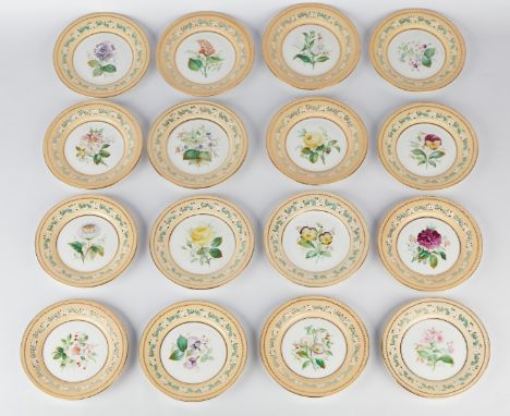Sir James Duke &amp; Nephews, England. Set of 16 hand painted porcelain plates featuring unique floral designs surrounded by 
