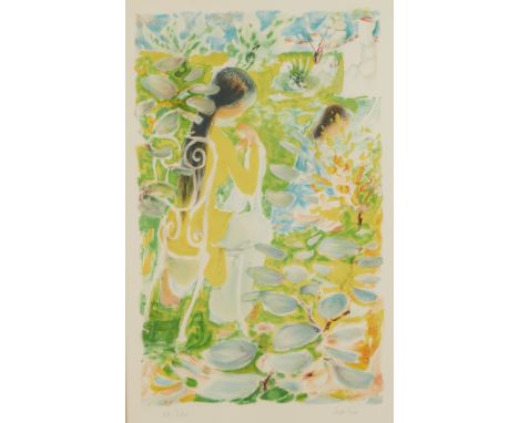 Le Pho (Vietnamese, 1907-2001). Color lithograph on paper titled "Sisters," depicting a pair of women in a vibrant garden. Pe