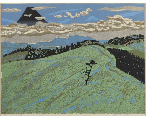 Fumio Kitaoka, (Japanese, 1918 -2007). Color woodblock print titled "Mt. Fuji in the Blessed Land," depicting a verdant hilly