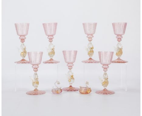 Set of 4 Salviati Venetian/Murano Ruby Candlesticks with Leaf