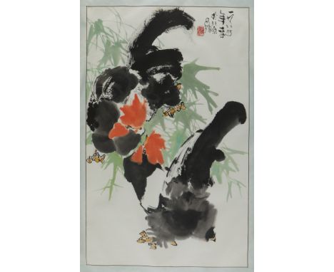 Tan Changrong (Chinese, b. 1933). Painting depicting a pair of chickens facing off, ink and color on paper. Signed and with t