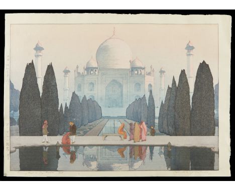 Hiroshi Yoshida (Japanese, 1876-1950). Japanese shin-hanga double oban size woodblock print titled "Morning Mist on the Taj M