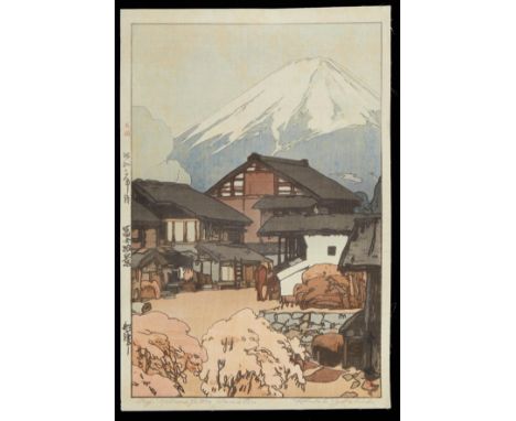 Hiroshi Yoshida (Japanese, 1876-1950). Japanese shin-hanga woodblock print on silk titled "Fujiyama from Funatsu" from the se