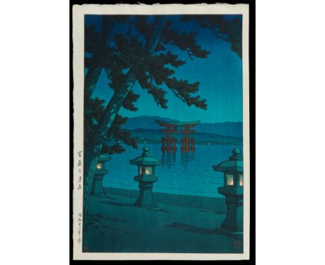 Hasui Kawase (Japanese, 1883-1957). Japanese shin-hanga woodblock print titled "Moonlit Night at Miyajima" depicting lit lant