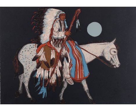 Kevin Red Star (Apsaalooke, b. 1943). Silkscreen on paper titled "Rides the Yellow Horse" depicting a Native American man rid