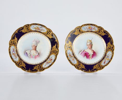 Group of two French Sevres style old Paris porcelain plates. Each depicting a portrait surrounded by a ground of deep blue (b