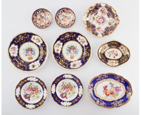 Royal Crown Derby, United Kingdom. Group of nine porcelain plates in various patterns including the imari "King" pattern. Pro