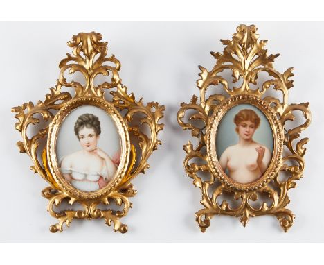 Group of two German porcelain portrait plaques. One depicts Madame Recamier (1777-1849), dressed in an elegant Regency style.