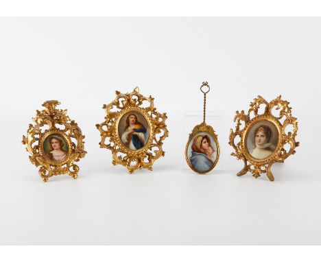 Group of four KPM style miniature porcelain plaques, decorated with portrait paintings. Two depict fashionable young women, o