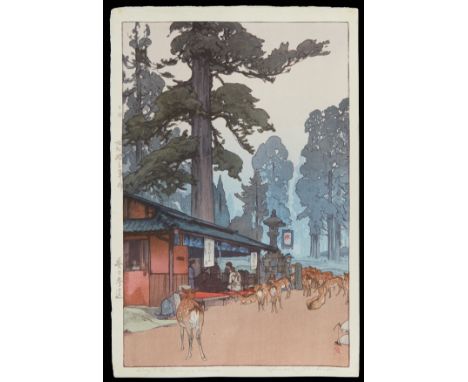 Hiroshi Yoshida (Japanese, 1876-1950). Japanese shin-hanga woodblock print titled "Way to the Kasuga Shrine," depicting a ple
