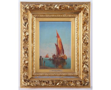 Charles-Clement Calderon (French, 1870-1906). Oil on panel painting depicting a fishing boat returning to the dock in the ear