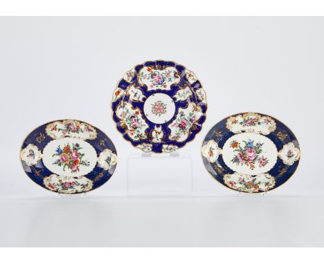 Group of three fine "Dr. Wall" First Period Worcester porcelain dishes, circa 1770, including two oval and one circular dish 