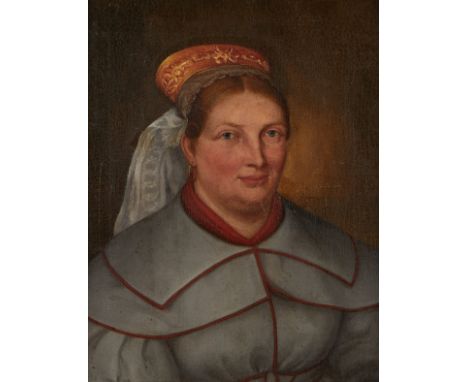 19th c. Russian school oil on canvas portrait of a bride, finely dressed with a kokoshnik headdress and veil. Illegibly signe