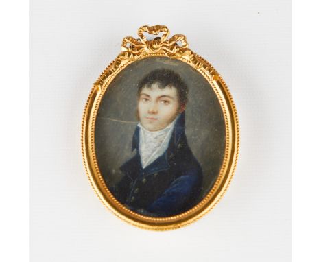 American miniature portrait, ca. early 19th c., depicting a young man in three-quarter view, dressed in a high-collared blue 