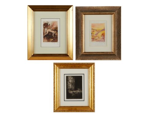 Louis Icart (French, 1888-1950). Group of three erotic color etchings. Includes "Bearskin Encounter," from "Le Sopha," 1935; 