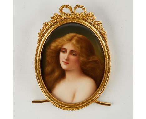 KPM Berlin porcelain oval plaque depicting the portrait of a woman with flowing blonde hair. Impressed KPM and scepter marks 