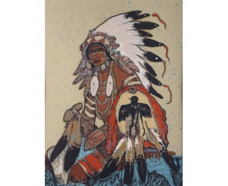 Kevin Red Star (Apsaalooke, b. 1943). Silkscreen on paper titled "Strikes Going" depicting a seated Native American man. Penc