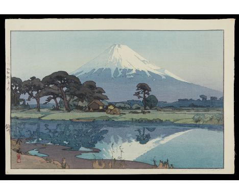 Hiroshi Yoshida (Japanese, 1876-1950). Japanese shin-hanga woodblock print titled "Suzukawa" depicting a view of Mount Fuji f