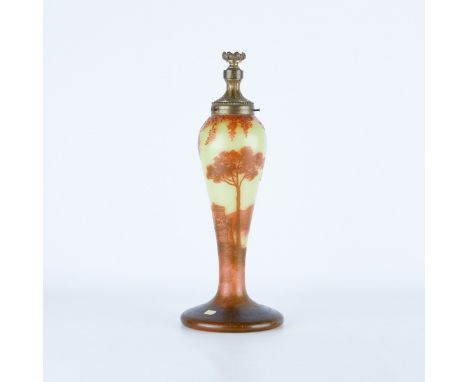 Jean Michel French Art Nouveau cameo glass lamp base, depicting a landscape scene in a lovely ochre over a pale yellow ground