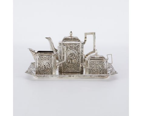 German 800 silver Art Nouveau tea service set including one teapot, one creamer, one lidded sugar bowl, and one silverplate t