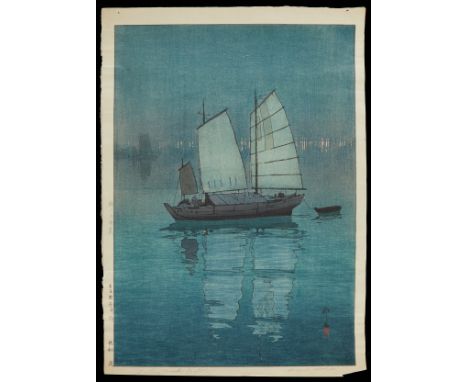 Hiroshi Yoshida (Japanese, 1876-1950). Japanese shin-hanga woodblock print titled "Sailing Boats - Night" depicting sailing b