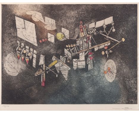 Roberto Matta (Chilean, 1911-2002). Abstract intaglio print depicting shapes and colors against a space-like background. Penc