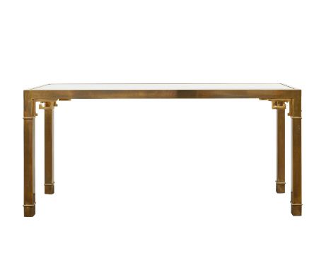 Mastercraft, United States. Greek key sofa or console table, ca. 1970s. Brass with a glass inset tabletop.Height: 27 1/2 in x